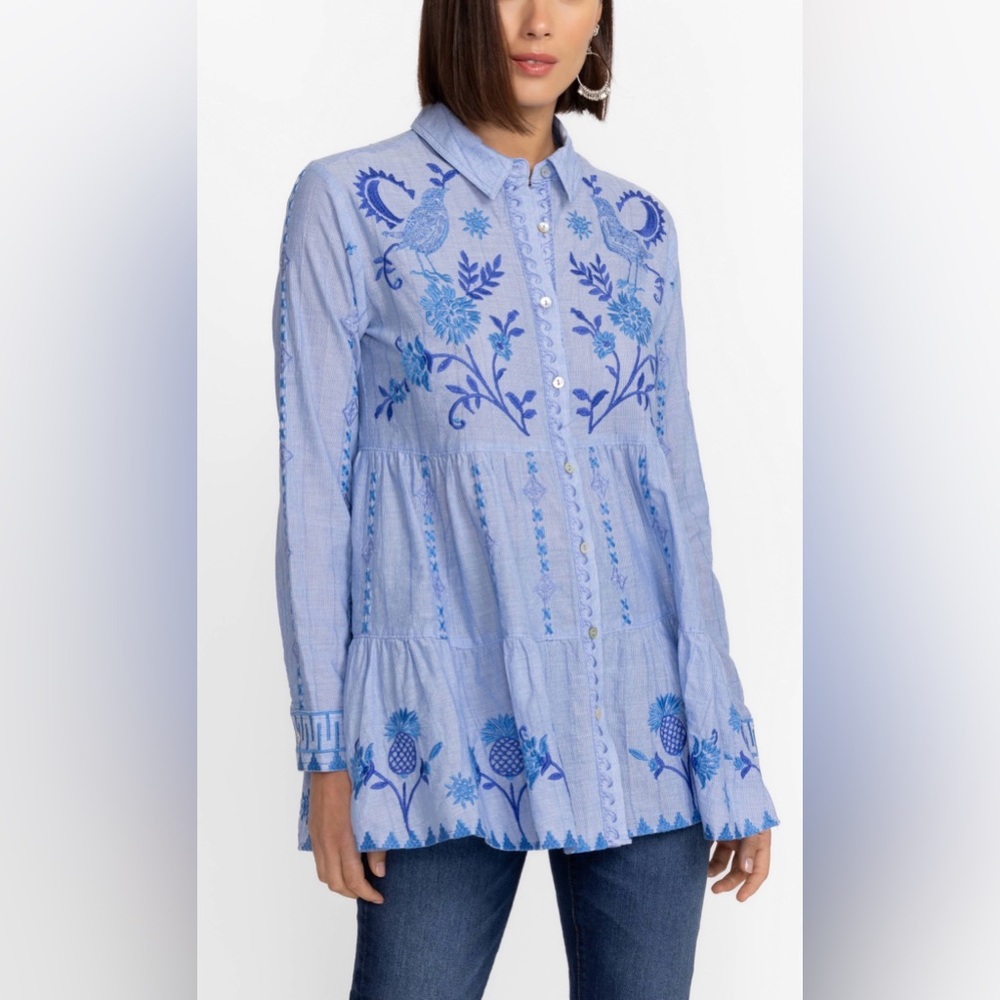 Johnny Was Workshop Tarra Tunic NWT Blue Cotton Blend Tropical Embroidery Boho M - Picture 2 of 11
